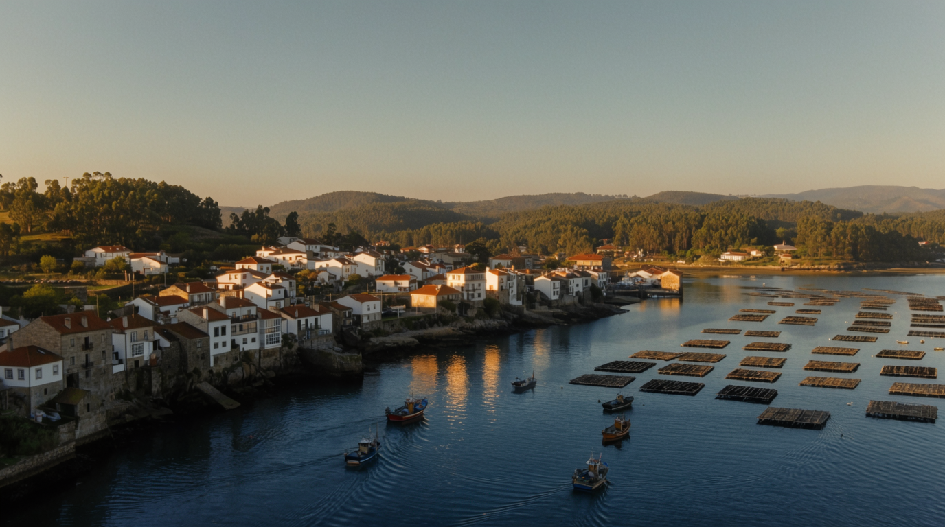 Un pueblo de las Rías Baixas al atardecer: casas de tejado rojo asomadas a la ría, barcas de pesca y bateas sobre el agua en calma.